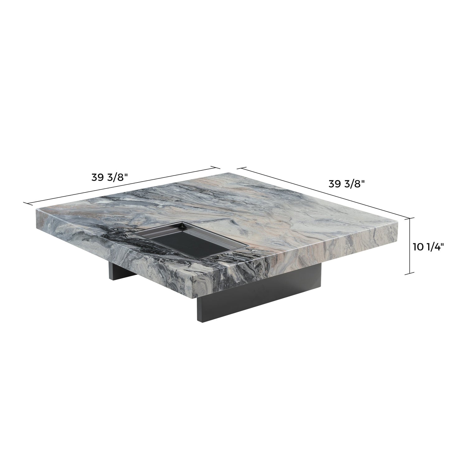 39 Square Marble Coffee Table With Sunken Desktop, Modern Italian Design, Marble Top, Black Base.