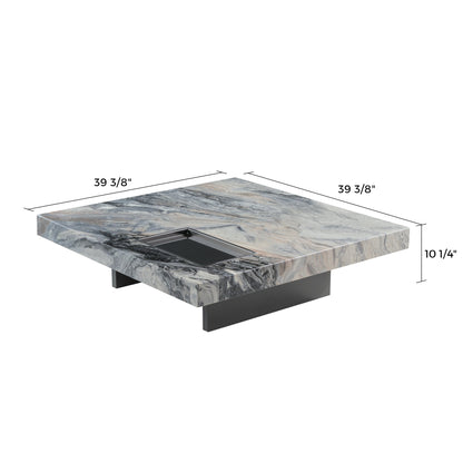 39 Square Marble Coffee Table With Sunken Desktop, Modern Italian Design, Marble Top, Black Base.