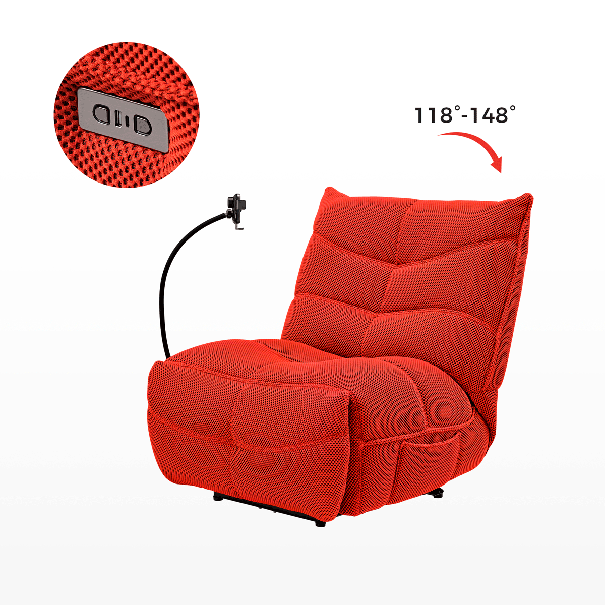 Red Linx Power Glider Recliner With 118°-148° Recline, Techno 3D Fabric Detail, Phone Holder, and Control Panel.