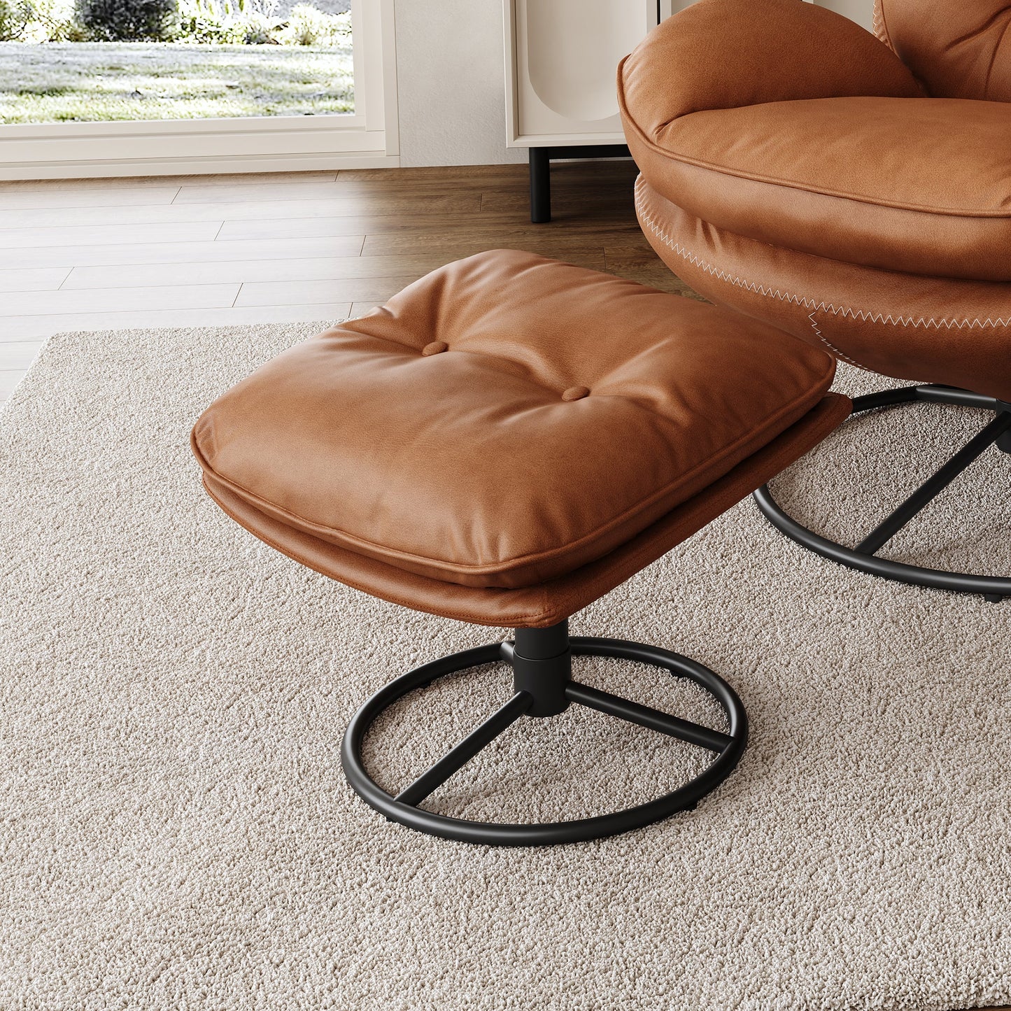 Camden Tufted Ottoman, Brown Upholstered With Black Metal Base, Modern Living Room Furniture.