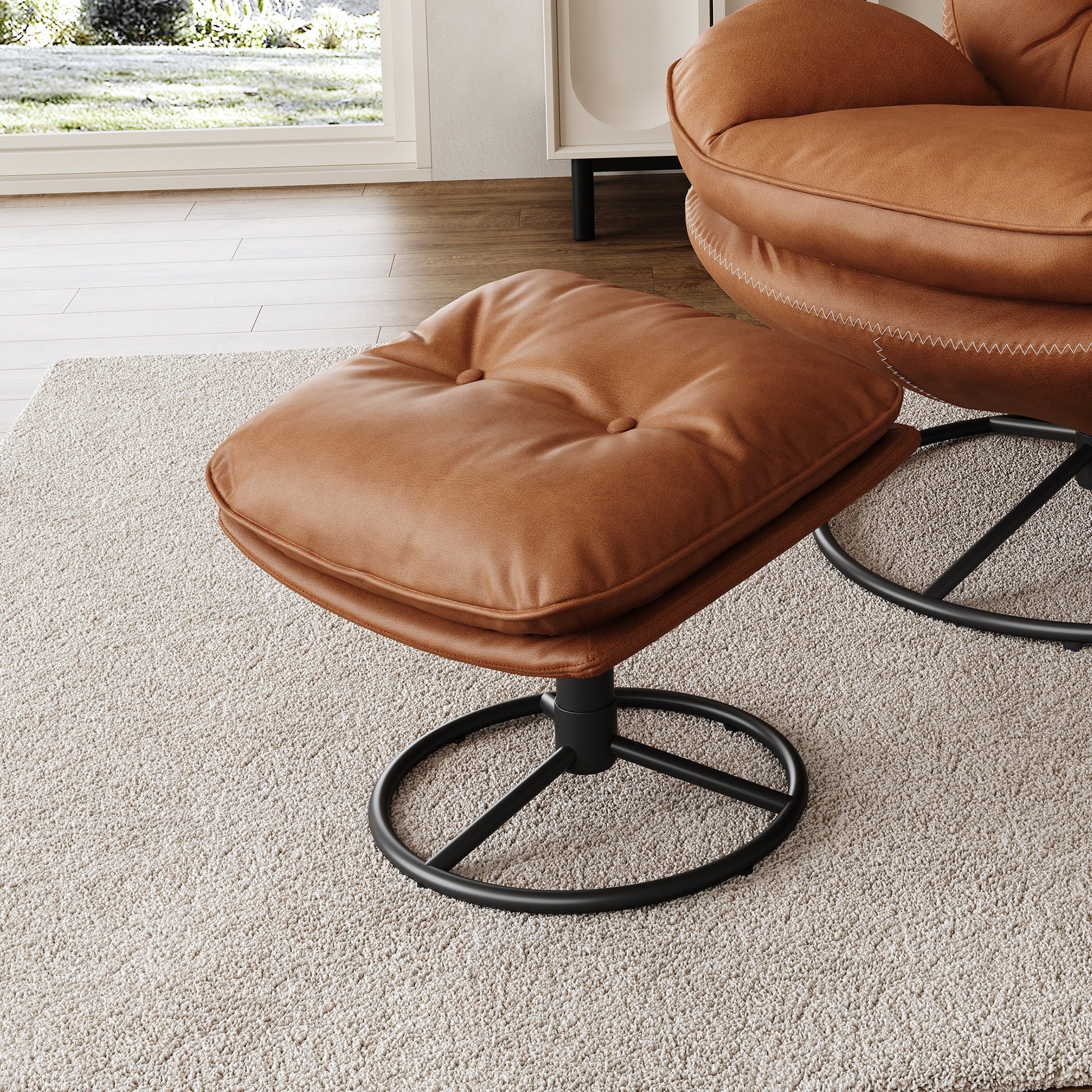 Camden Tufted Ottoman, Brown Upholstered With Black Metal Base, Modern Living Room Furniture.