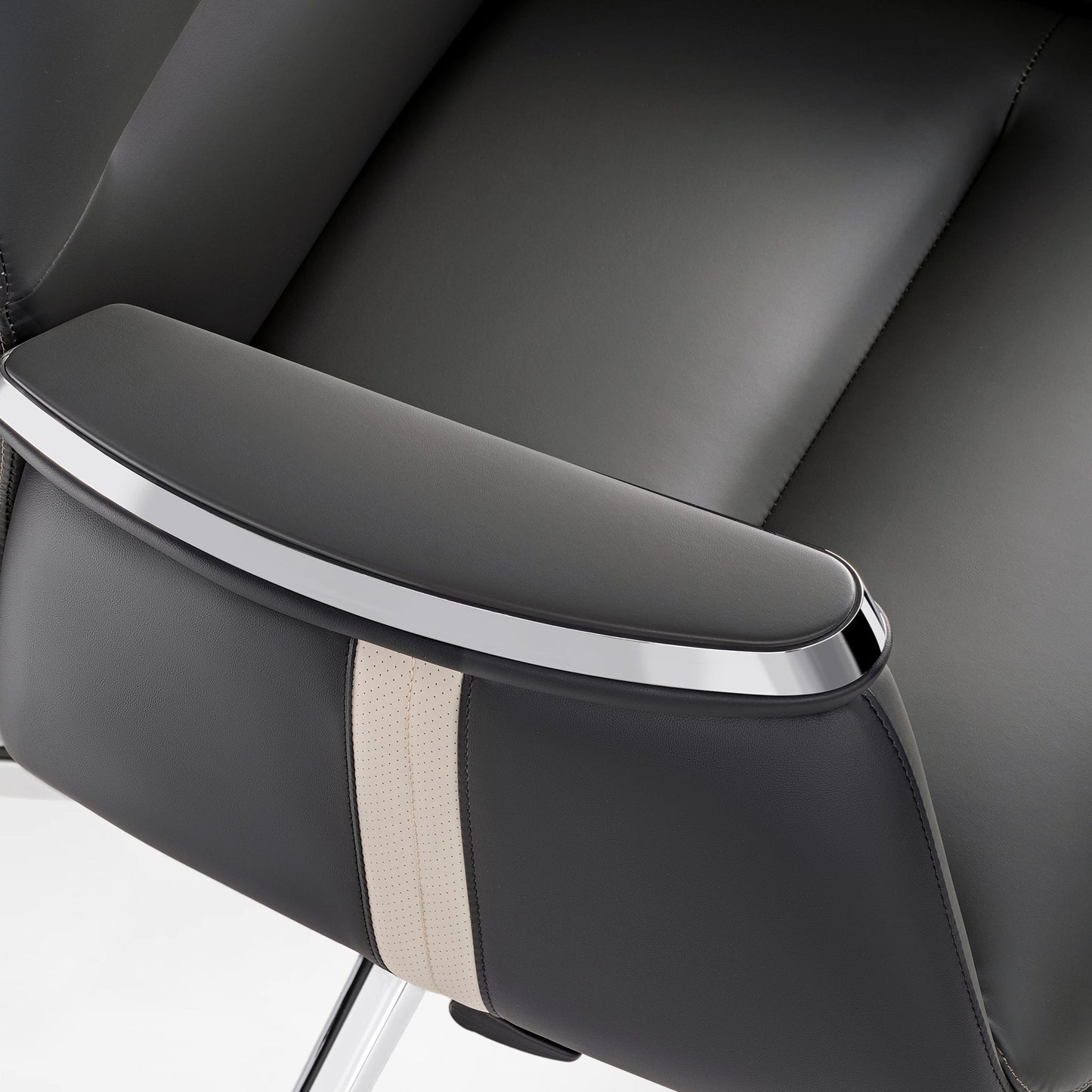 Royal II Executive Office Chair Armrest Detail - Black Leather, Silver Trim, Ergonomic Design, Cream Stripe.