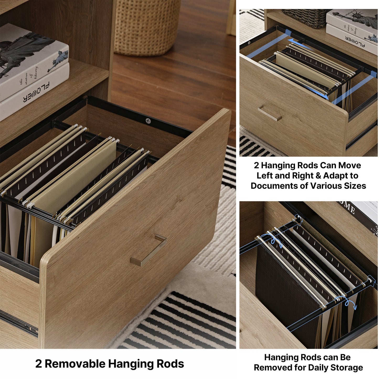 Eureka Ergonomic Ark El Oak File Cabinet With Removable Hanging Rods for Home Office Storage.