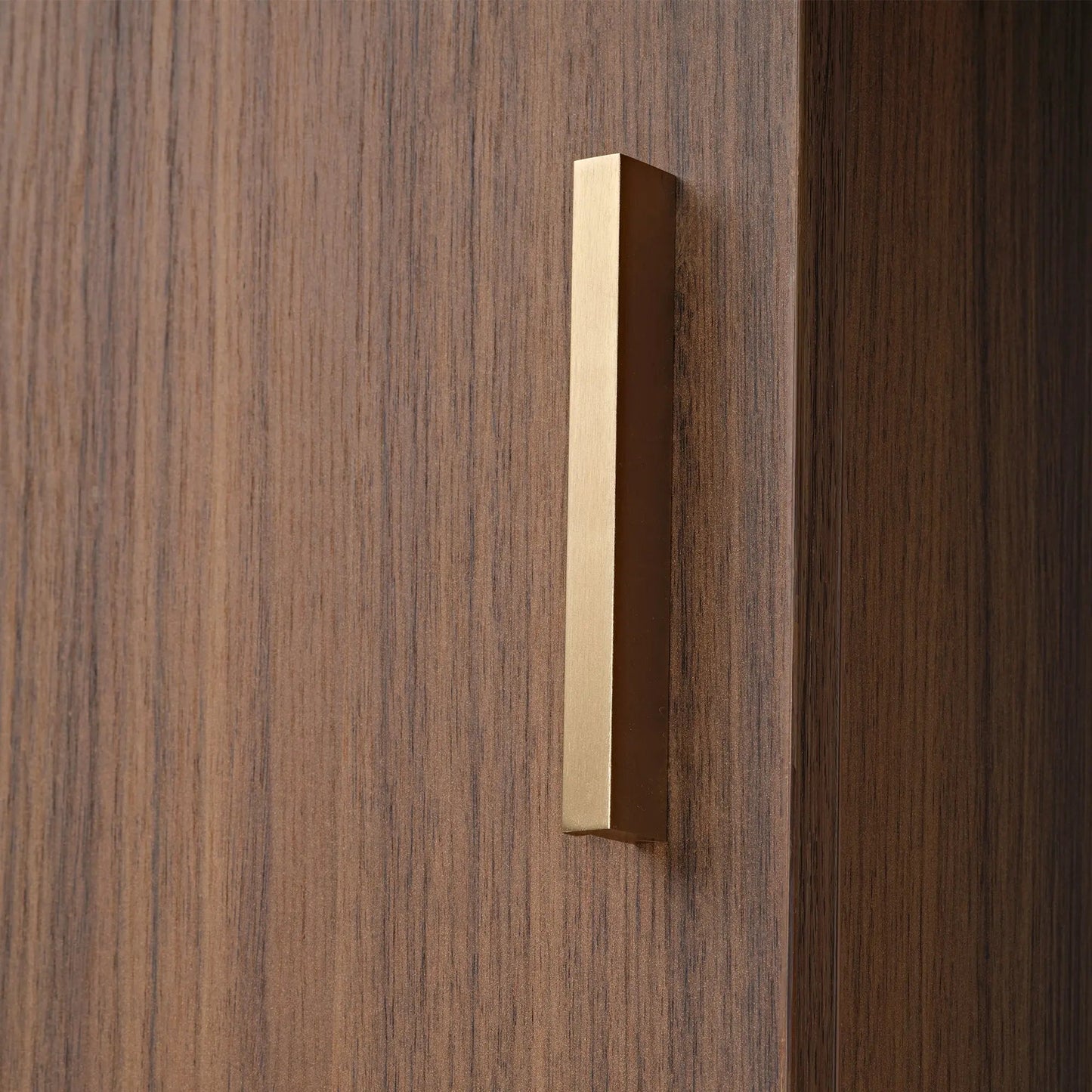 Sonoma 70 Tv Stand Cabinet Door Detail With Brass Handle. Wood Grain Finish.