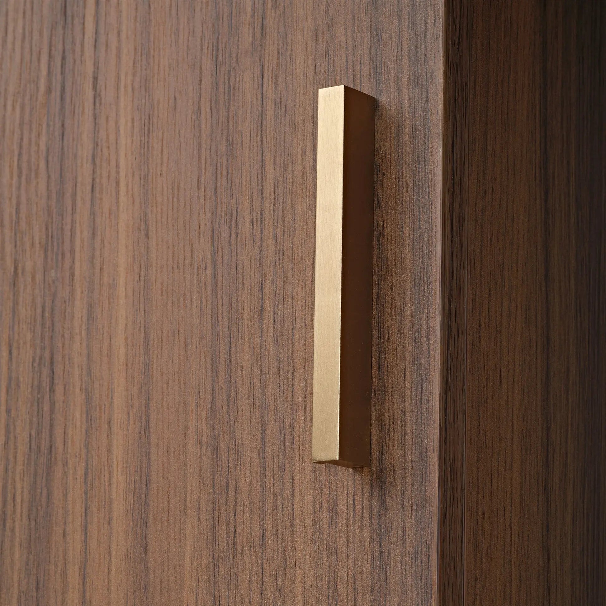 Sonoma 70 Tv Stand Cabinet Door Detail With Brass Handle. Wood Grain Finish.