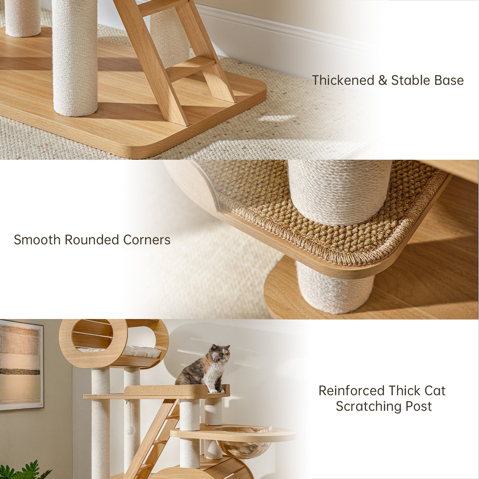 Eureka Ergonomic Babylon 76" cat tree: close-up of stable wood base, rounded corners, reinforced sisal posts. Cat rests on platform.