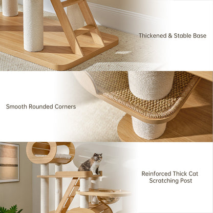 Eureka Ergonomic Babylon 76" cat tree: close-up of stable wood base, rounded corners, reinforced sisal posts. Cat rests on platform.