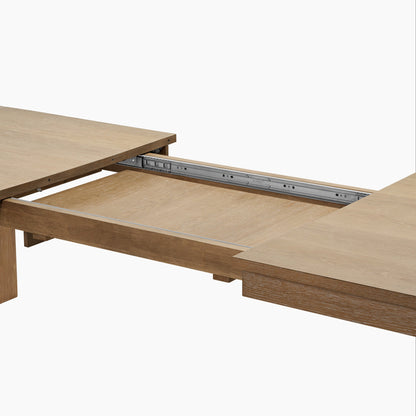 Edora Oak Extendable Dining Table Detail, Oak Veneer, Hidden Leaf and Metal Hardware, Minimalist Design.