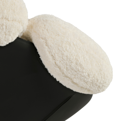 Cara Swivel Lounge Chair, White Lamb Velvet Upholstery Detail With Black Leather Base, Eureka Ergonomic.