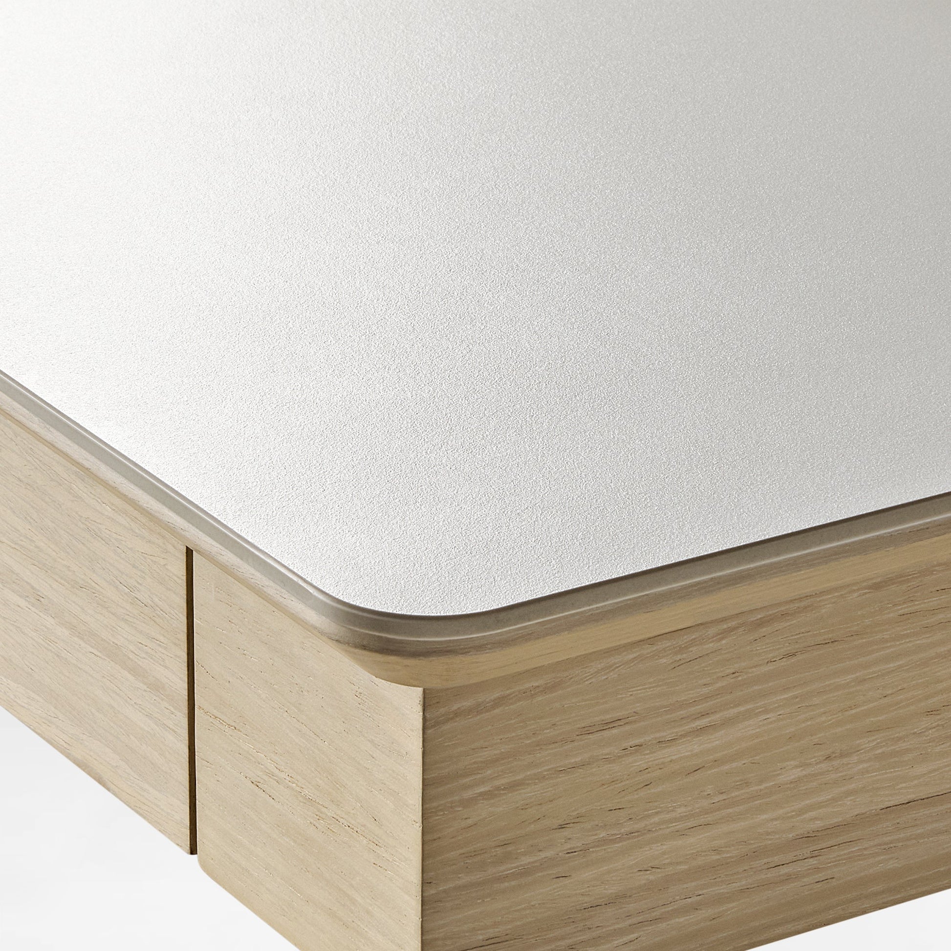 Eureka Ergonomic Ark Pro Desk Detail: White Sintered Stone Top, Wooden Accents, Height-Adjustable Design.