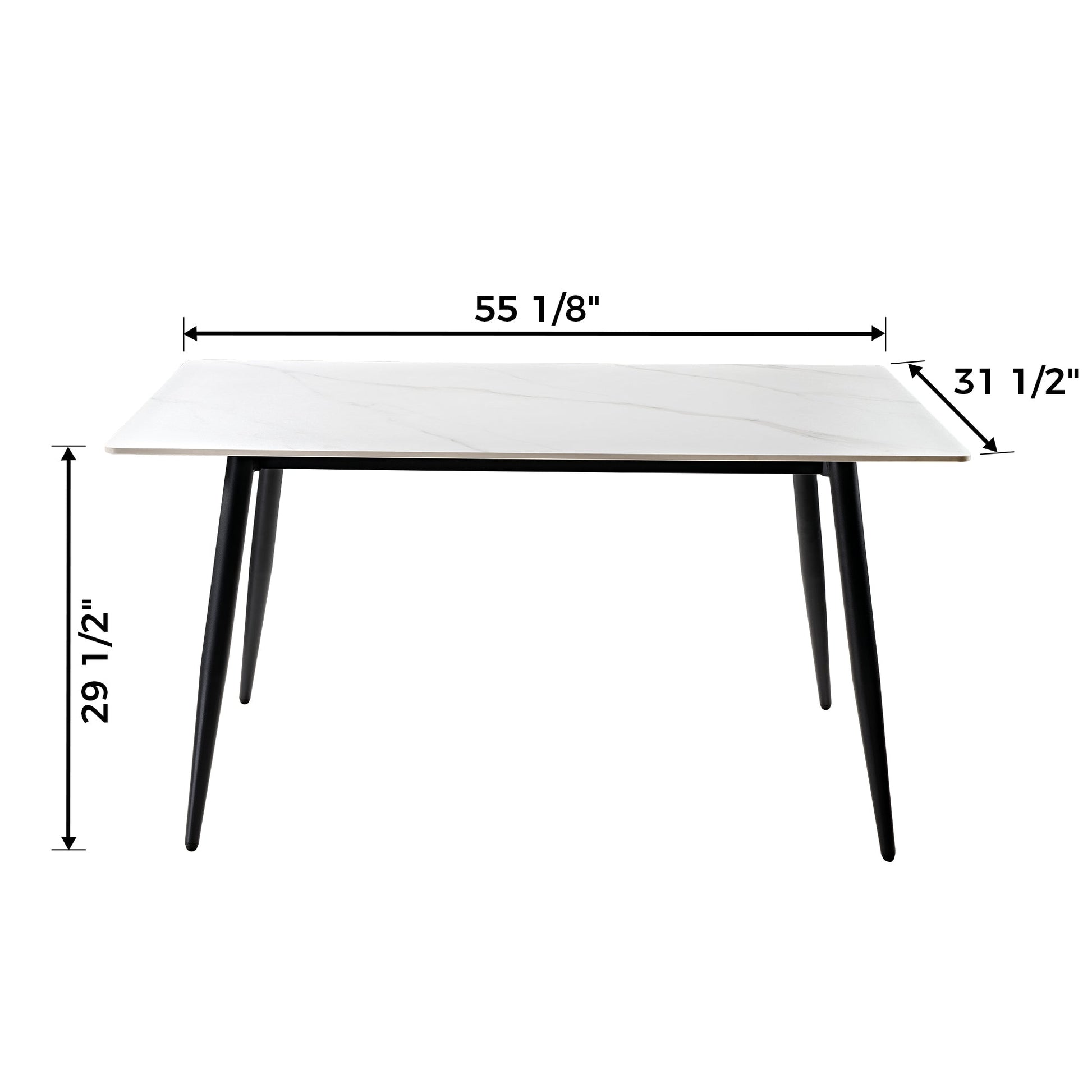 Liam 55.91 Sintered Stone Dining Table, White Top and Black Legs, Dimensions Shown.