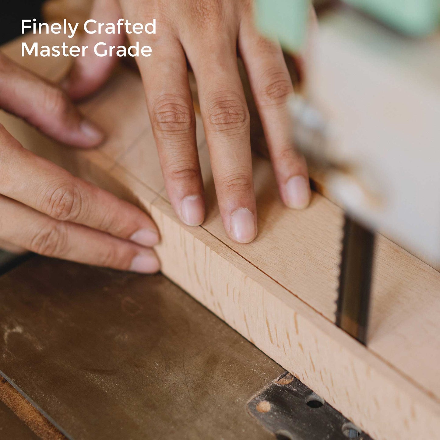 Craftsman Precisely Cutting Wood for Eureka Ergonomic Desk Components, Finely Crafted, Master Grade Quality.