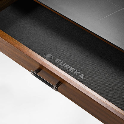 Eureka Ergonomic Ark Pro L-Shaped Desk Drawer Detail With Black Fabric, Wood, and Logo.