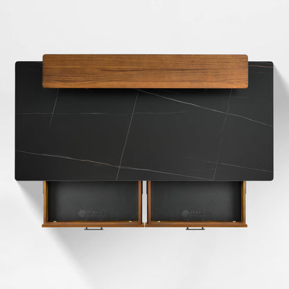 Birds-eye view of the Ark standing desk highlighting the work surface, monitor riser, and two open drawers for storage.