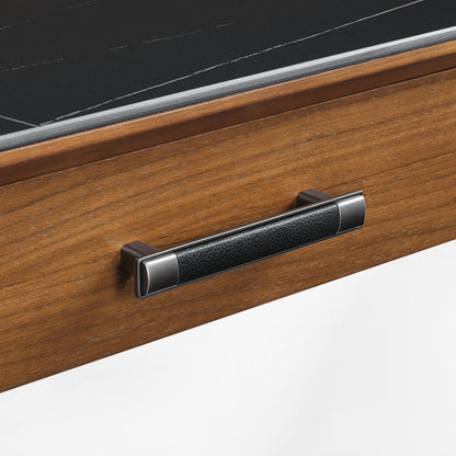 Eureka Ergonomic Ark Standing Desk Drawer Handle With Black Leather Grip and Wooden Drawer Detail.
