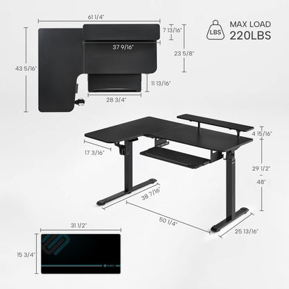 Eureka Ergonomic Black L-shaped standing desk with dimensions, monitor risers, keyboard tray, and mousepad. Max load 220LBS, <45dB noise.