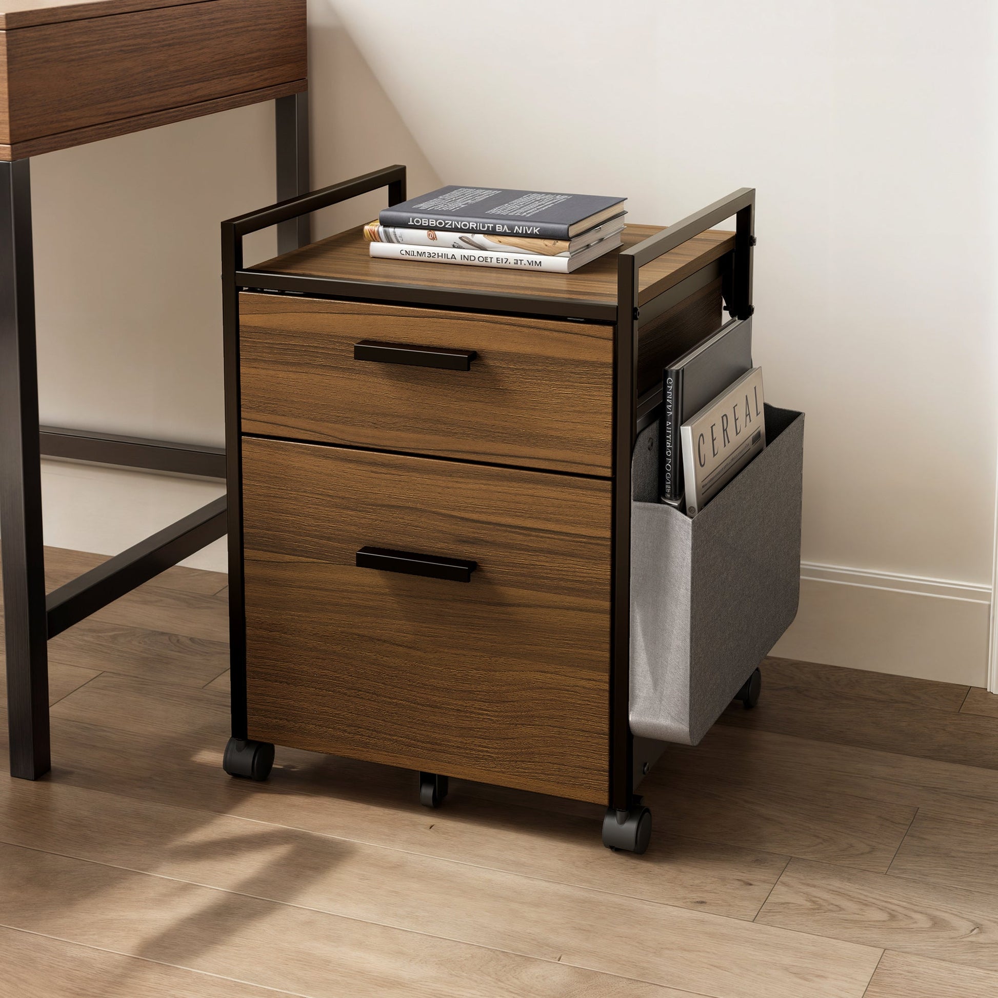 23 Rolling File Cabinet With Drawer in Rustic Brown With Books and Fabric Storage Bag, Perfect for Home Office Organization.