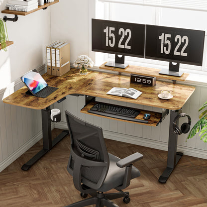 L-Shaped Standing Desk, Maple Finish, Dual Monitors, Ergonomic Workspace With Accessories.