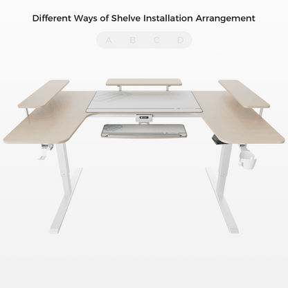 Eureka Ergonomic U-shaped standing desk with light wood finish and white legs, showing shelf installation options A, B, C, D.