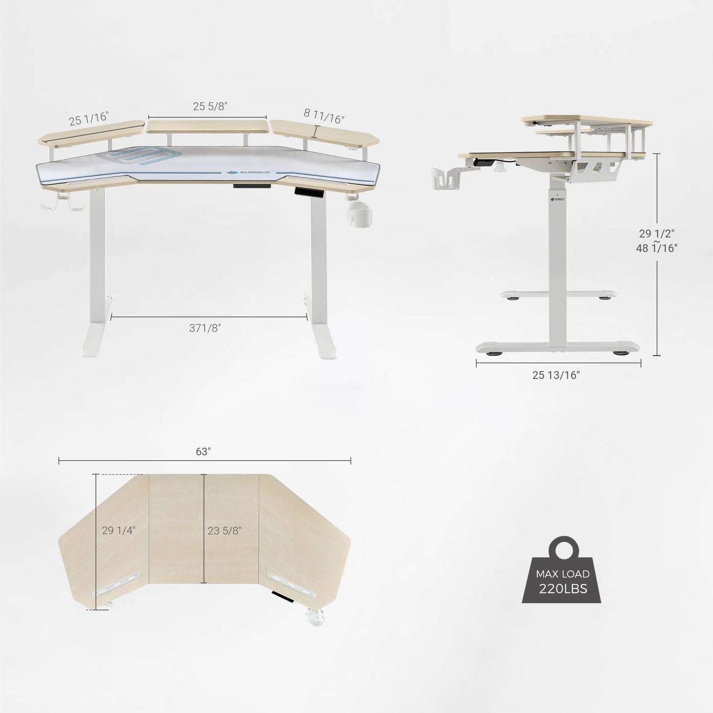 Eureka Ergonomic Aero Pro 63 Standing Desk, Wing-Shaped, Adjustable Height, White and Wood Finish, Ergonomic Gaming Desk.