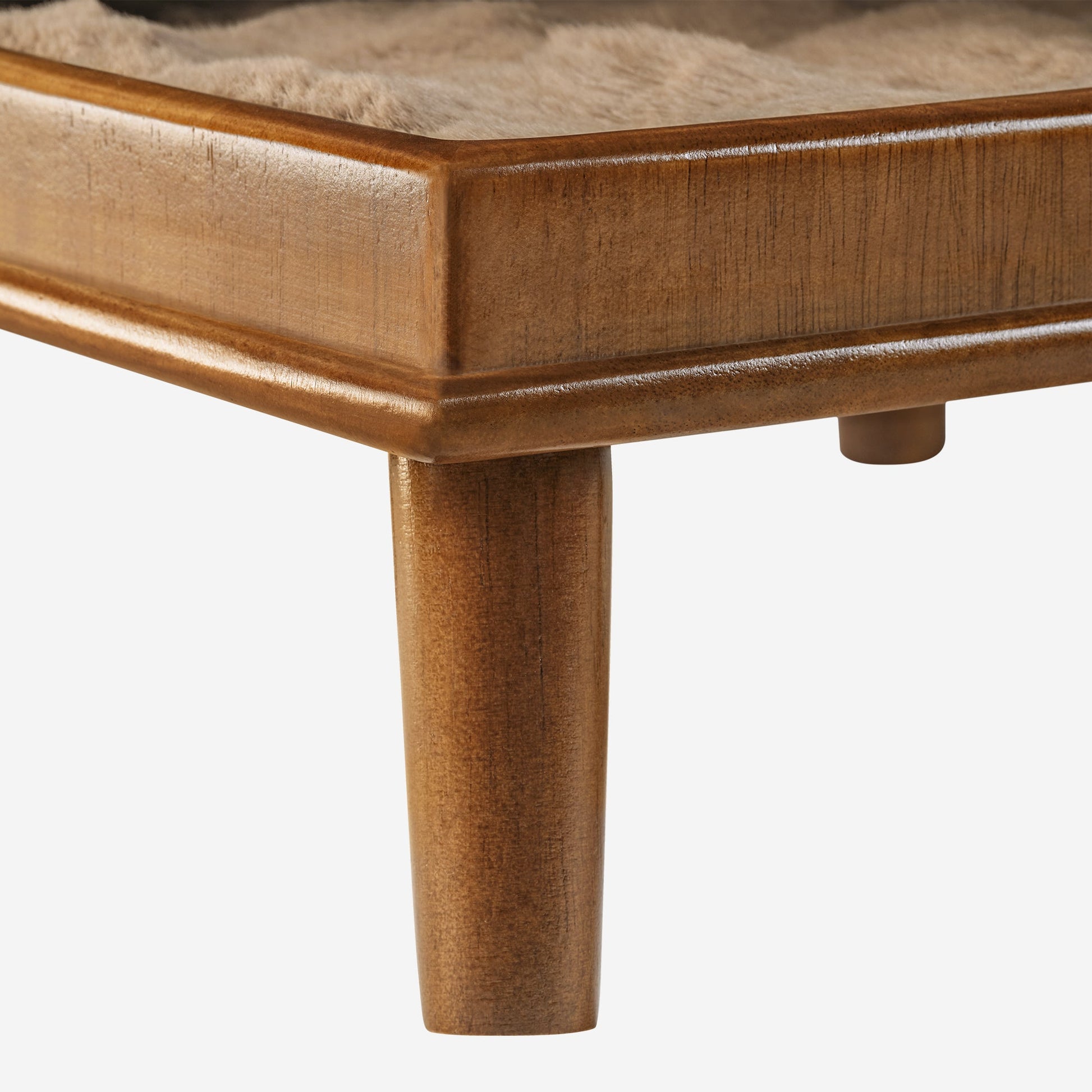 Wooden Cat Bed Side Table Close-Up Detail, Showing Wood Grain and Plush Cushion.