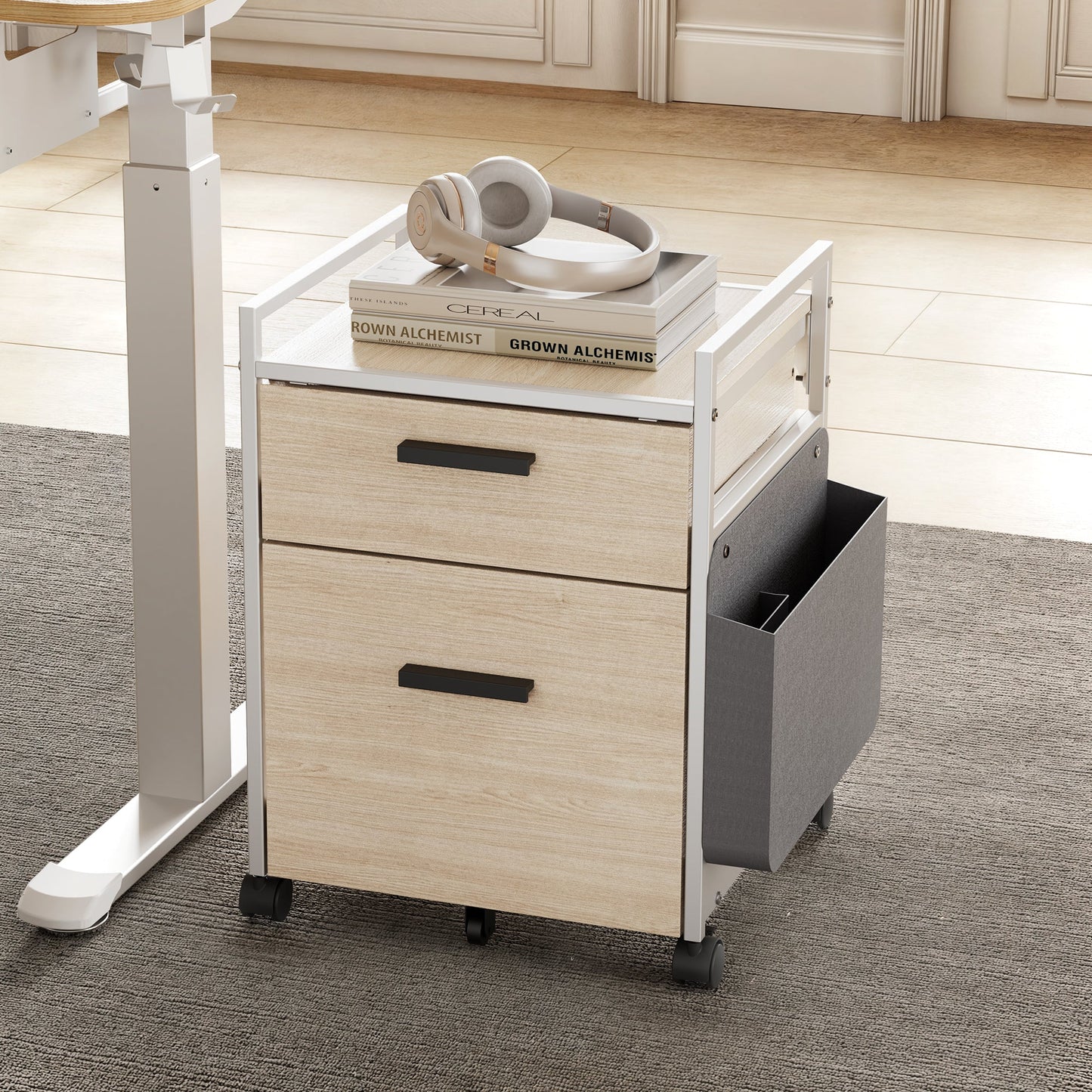 Rolling File Cabinet With Drawer, Light Wood Finish, Metal Frame and Fabric Storage Bag, Office Organization.
