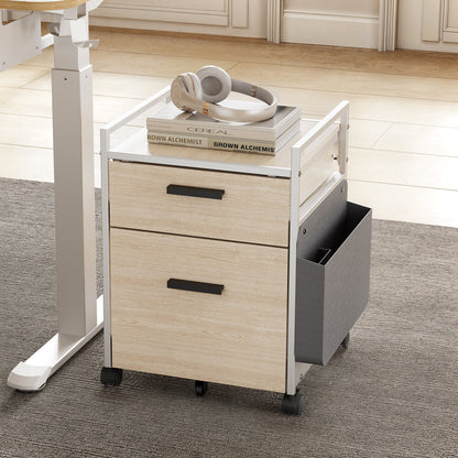 Rolling File Cabinet With Drawer, Light Wood Finish, Metal Frame and Fabric Storage Bag, Office Organization.