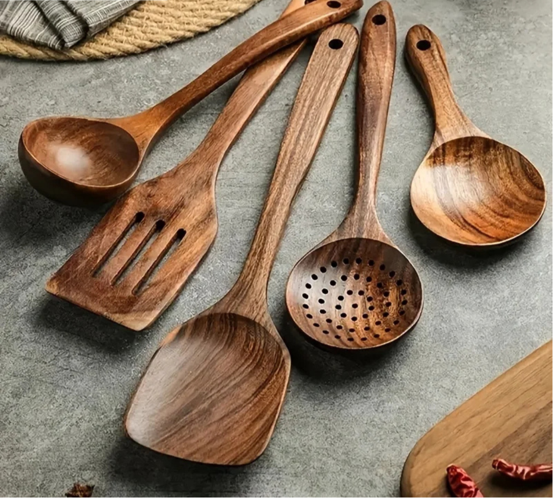 Sollievo Natural Teak Wood Kitchen Utensil Set
