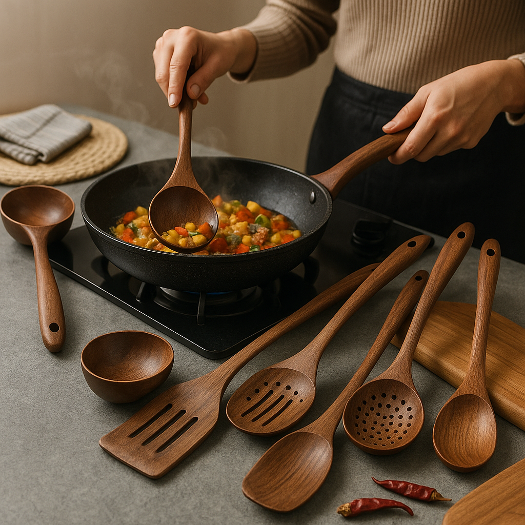 Sollievo Natural Teak Wood Kitchen Utensil Set