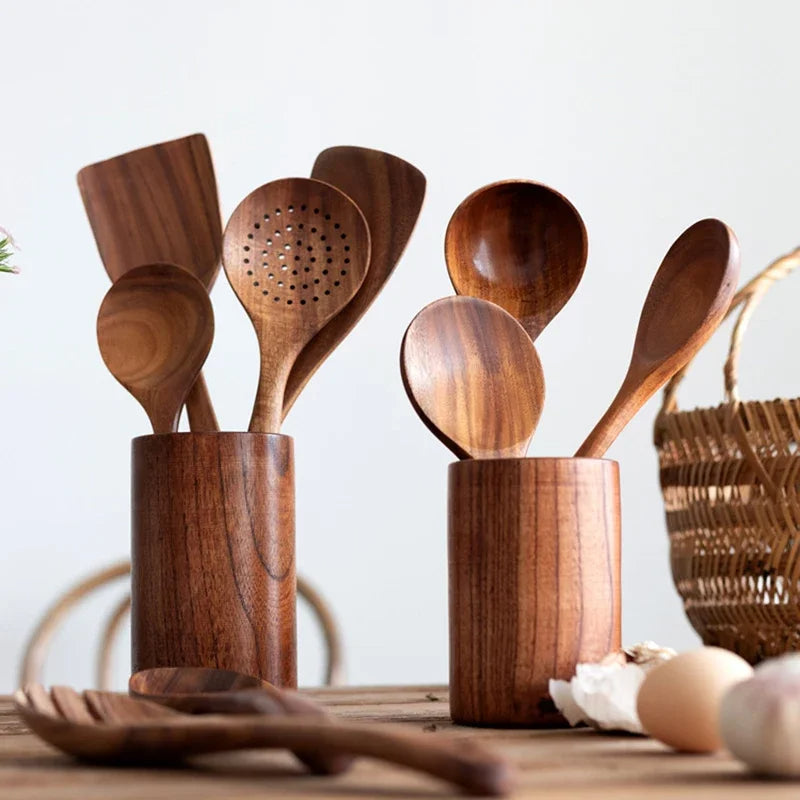 Sollievo Natural Teak Wood Kitchen Utensil Set