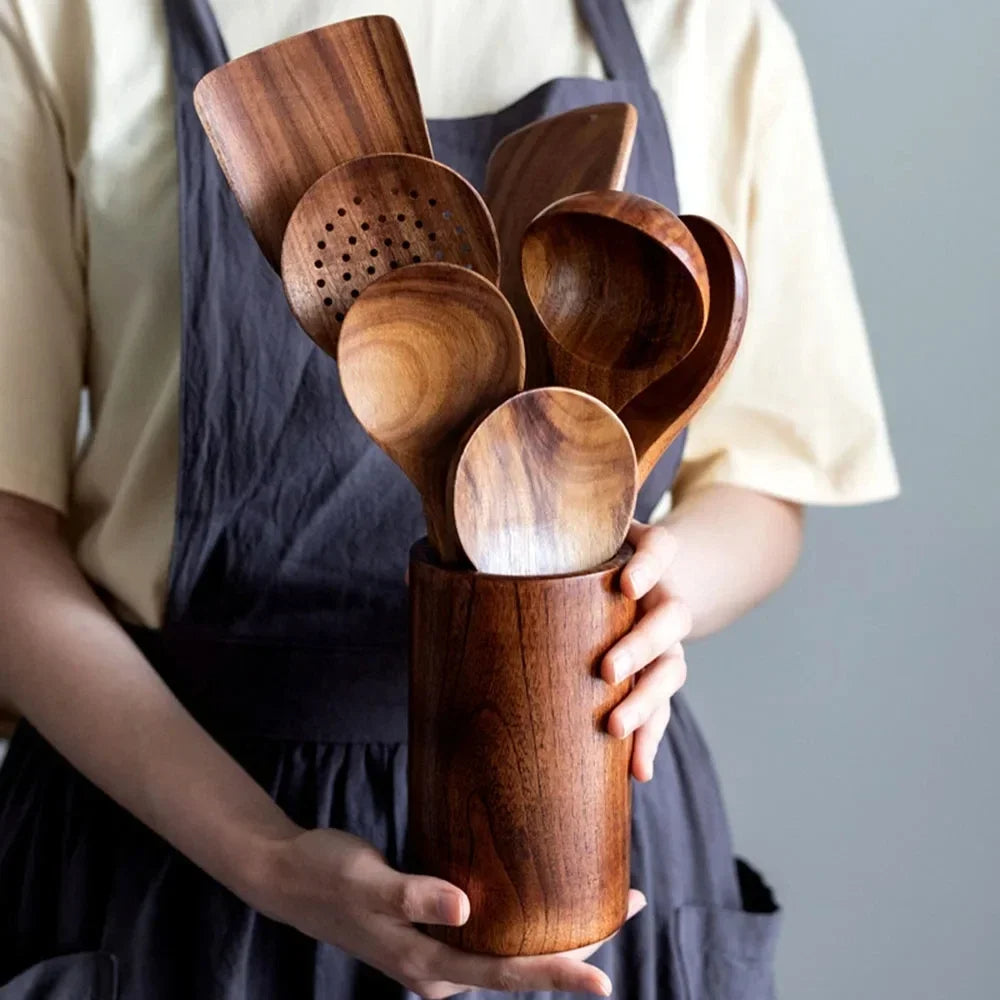 Sollievo Natural Teak Wood Kitchen Utensil Set