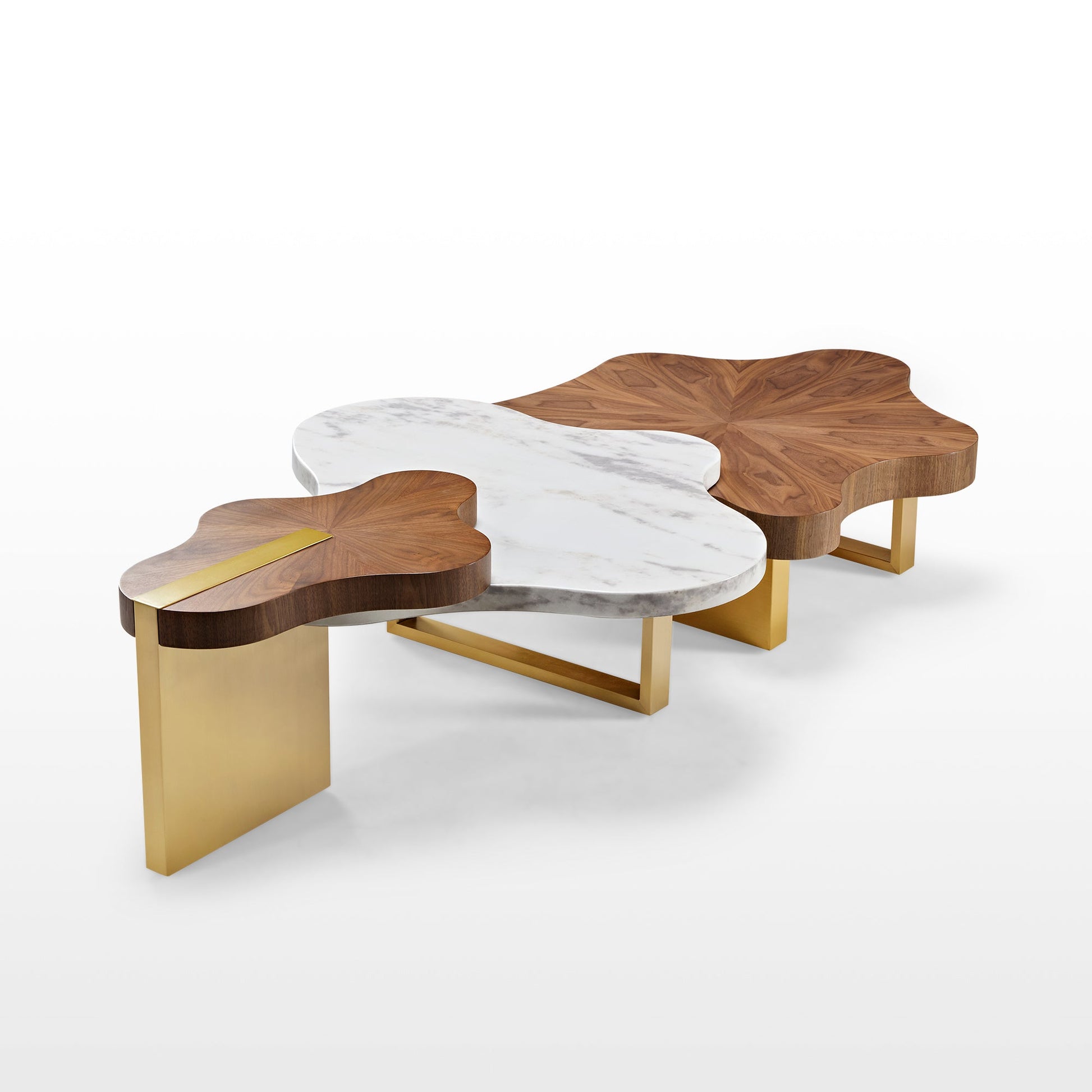 Cloud Shape Solid Wood Coffee Table Set in Walnut and White With Golden Legs, Modern Design.