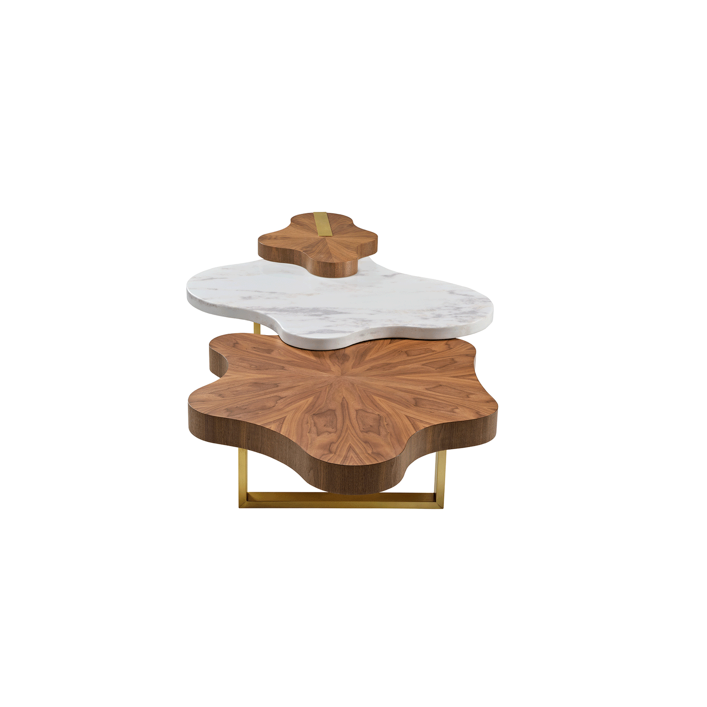 Cloud Shape Solid Wood Coffee Table Set With Walnut, White Marble Top and Golden Legs.