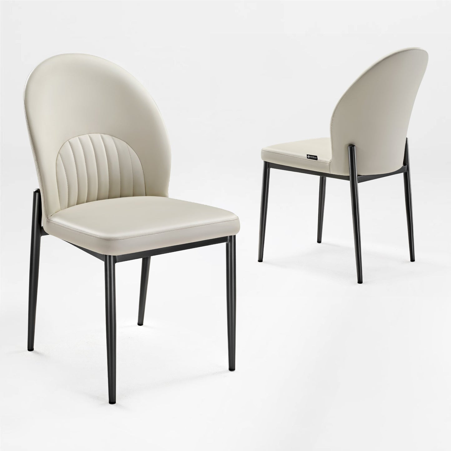 Off-White Leather Dining Chair With Black Metal Legs. Modern Minimalist Design, Set of 2 Chairs.