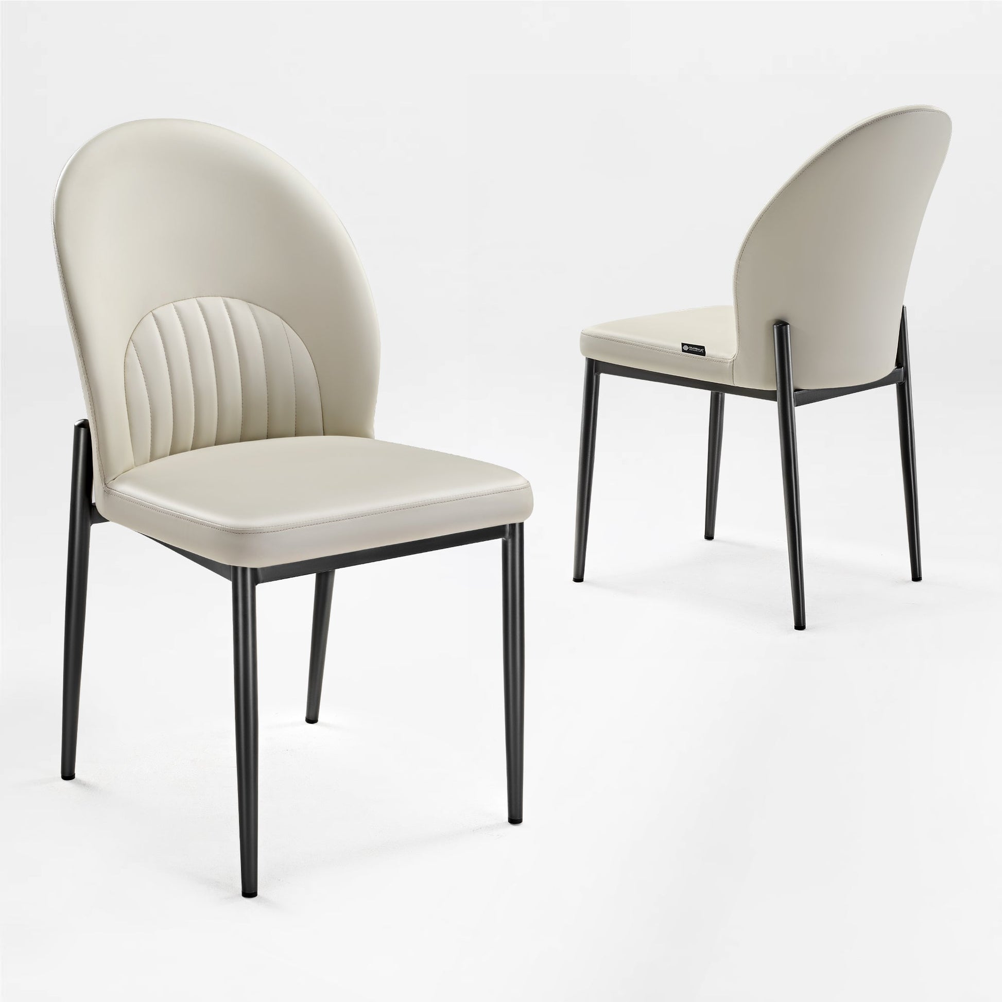 Off-White Leather Dining Chair With Black Metal Legs. Modern Minimalist Design, Set of 2 Chairs.