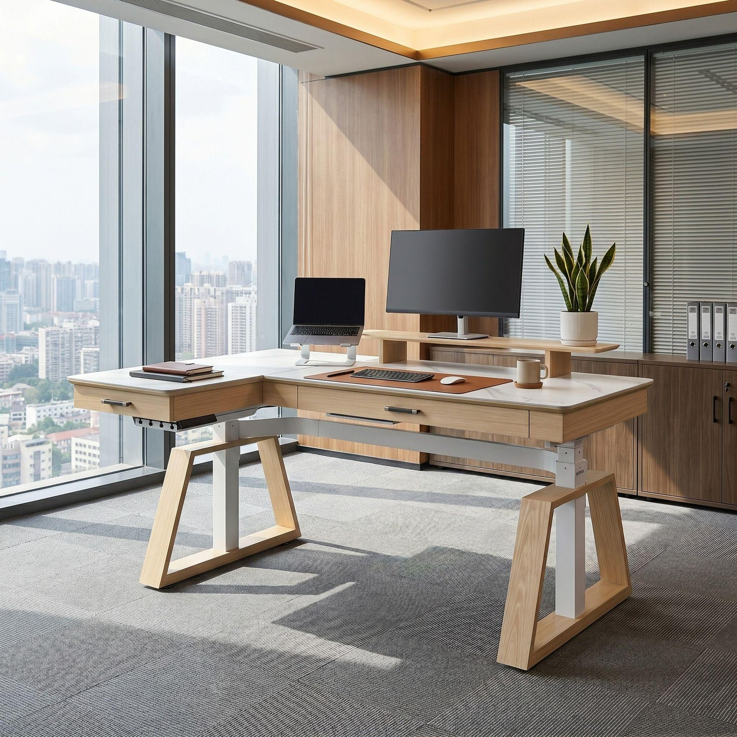 Sollievo Ark Pro L-Shaped Standing Desk (Sintered Stone, 63x23)