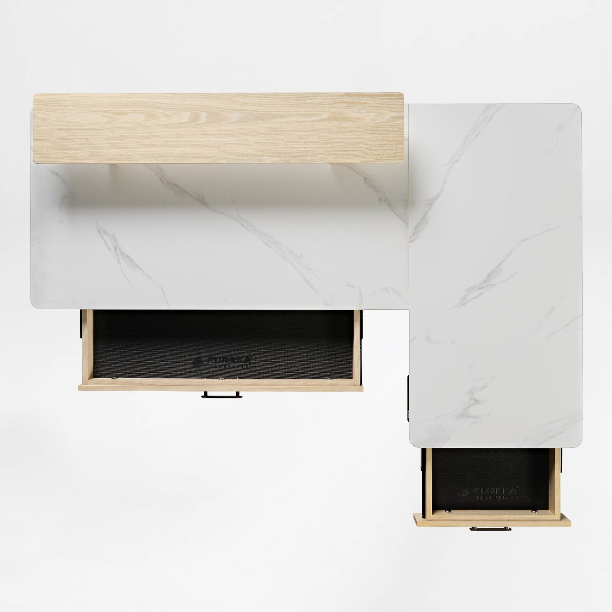 Eureka Ergonomic Ark Pro L-Shaped Standing Desk With White Sintered Stone Top, Setup With Monitor, Keyboard, and Reports.