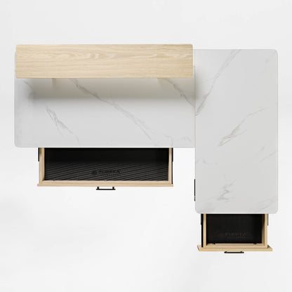 Eureka Ergonomic Ark Pro L-Shaped Standing Desk With White Sintered Stone Top, Setup With Monitor, Keyboard, and Reports.