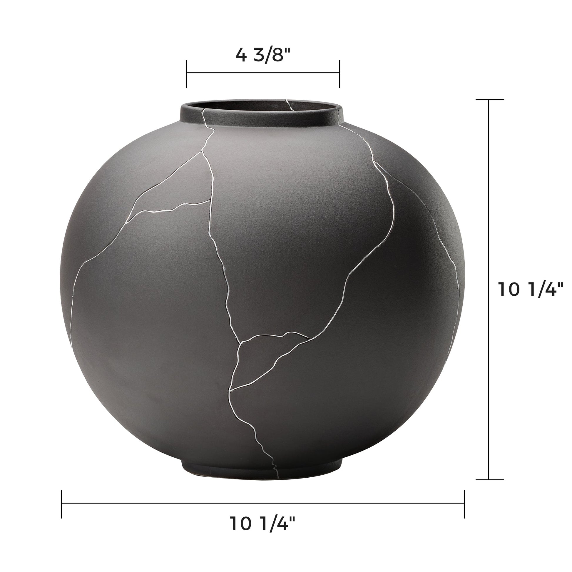 Dark Gray Ceramic Vase With Silver Crack Detailing, 4 3/8 X 10 1/4, Perfect for Dining Table Or Shelf Decor.