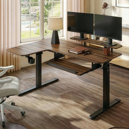 Eureka Ergonomic L-Shaped Standing Desk With Monitor, Keyboard, and Maple Wood Finish, Ergonomic Workspace.
