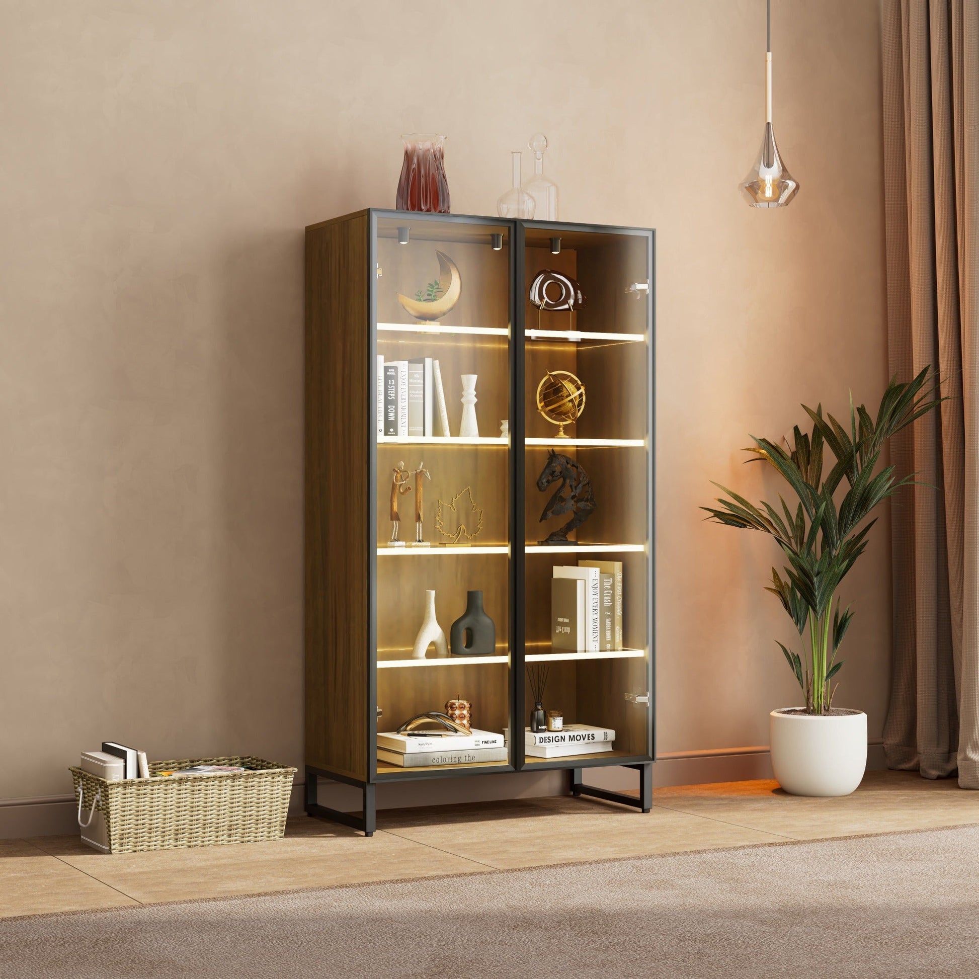 Curio Cabinet With Adjustable Shelves, With Collectibles and Led Lighting.