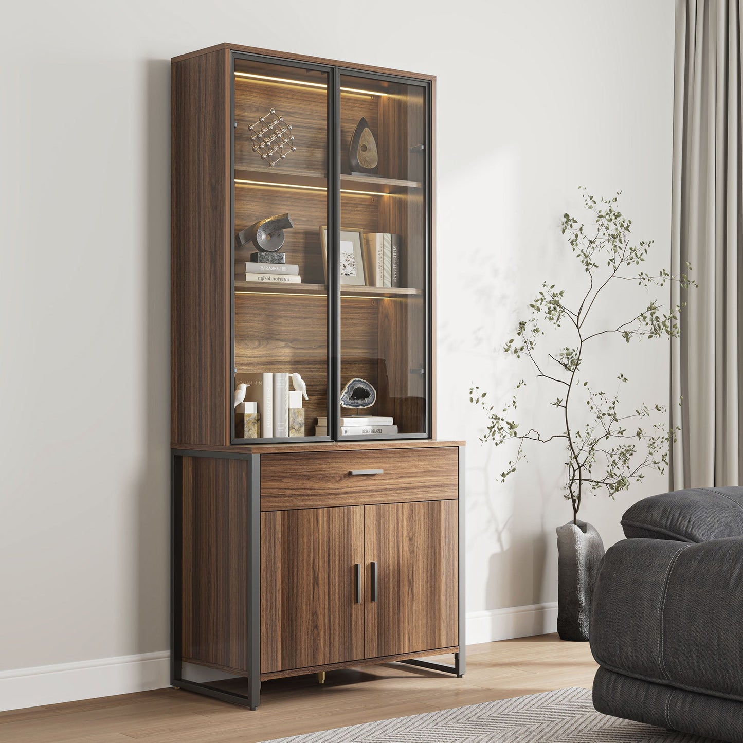 Walnut Bookshelf With Glass Door, Eureka Ergonomic, for Books and Display.