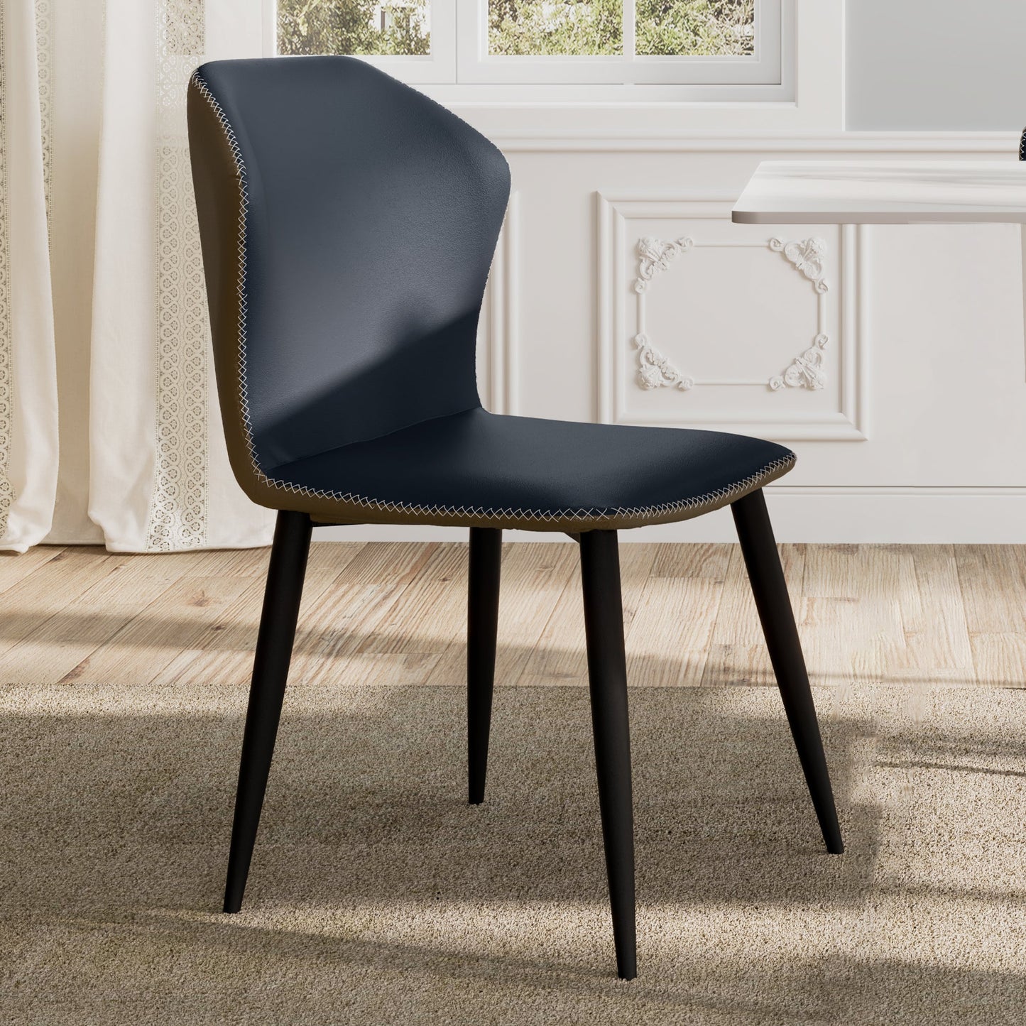 Elysian Blue Dining Chair, Blue Upholstered Seat and Backrest With White Stitching, Black Metal Legs.