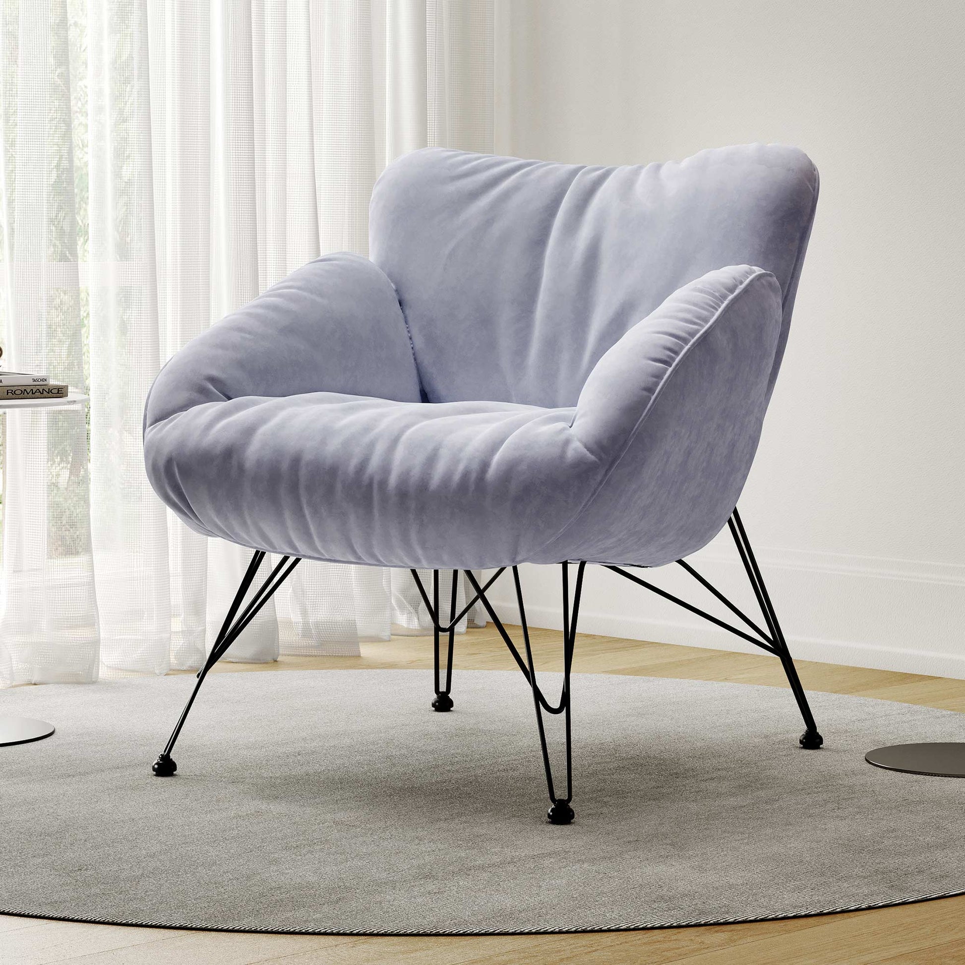 Marco Cozy Lounge Chair in Light Blue Terry Cloth With Black Metal Legs, Modern Living Room Furniture.