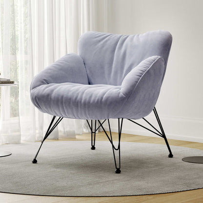 Marco Cozy Lounge Chair in Light Blue Terry Cloth With Black Metal Legs, Modern Living Room Furniture.