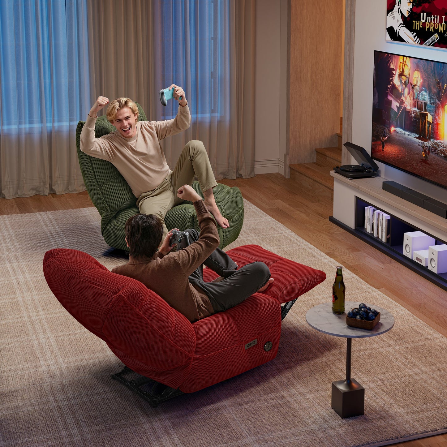 Linx Recliner With Wireless Charging: Two Gamers Enjoying a Game in Red and Green Ergonomic Chairs in a Modern Living Room.