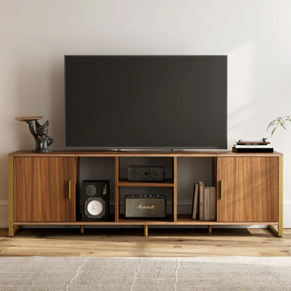 Sonoma 70 Tv Stand Media Console, Wood Grain Finish With Gold Accents, and Modern Decor.
