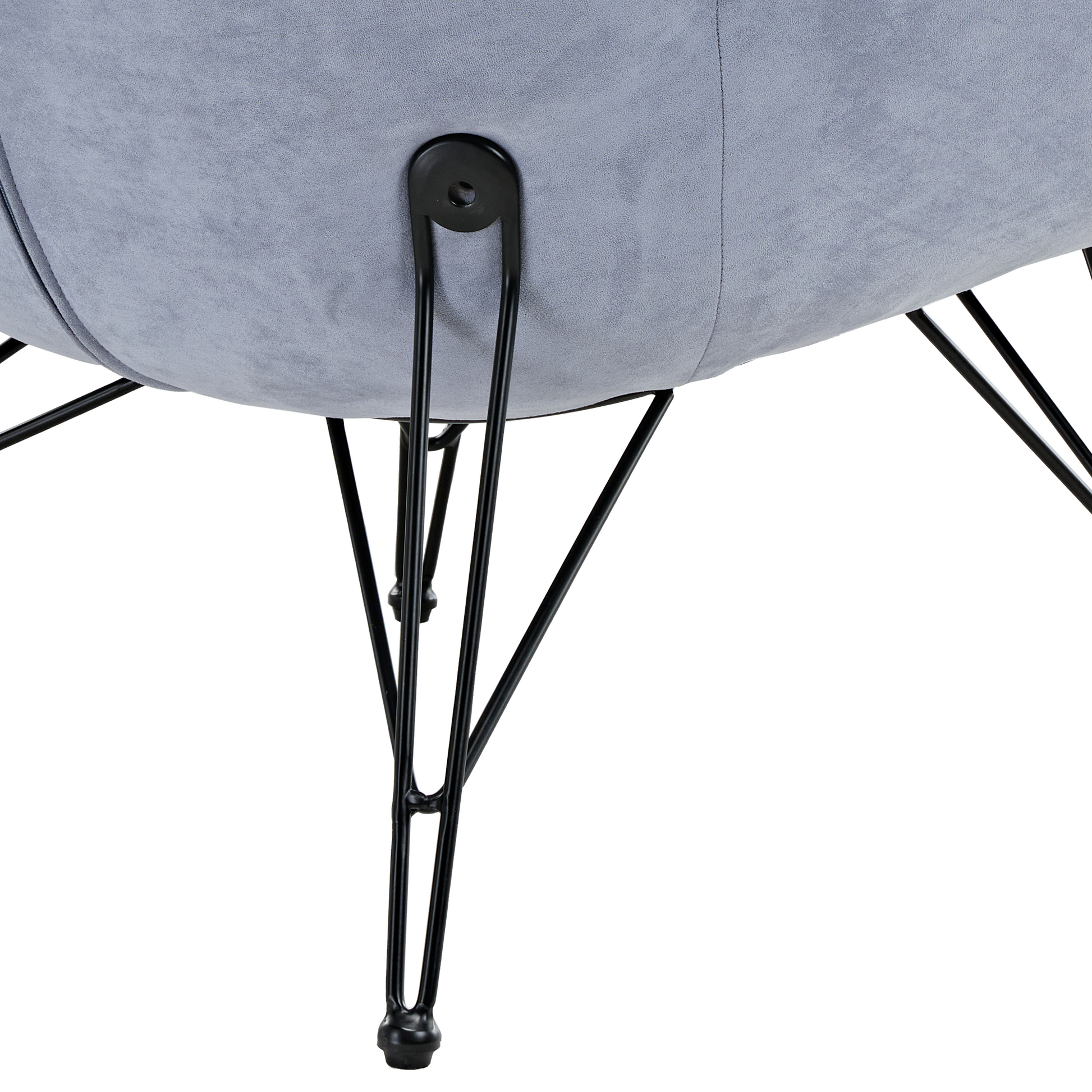 Marco Cozy Lounge Chair Detail With Grey Terry Cloth and Black Metal Legs.