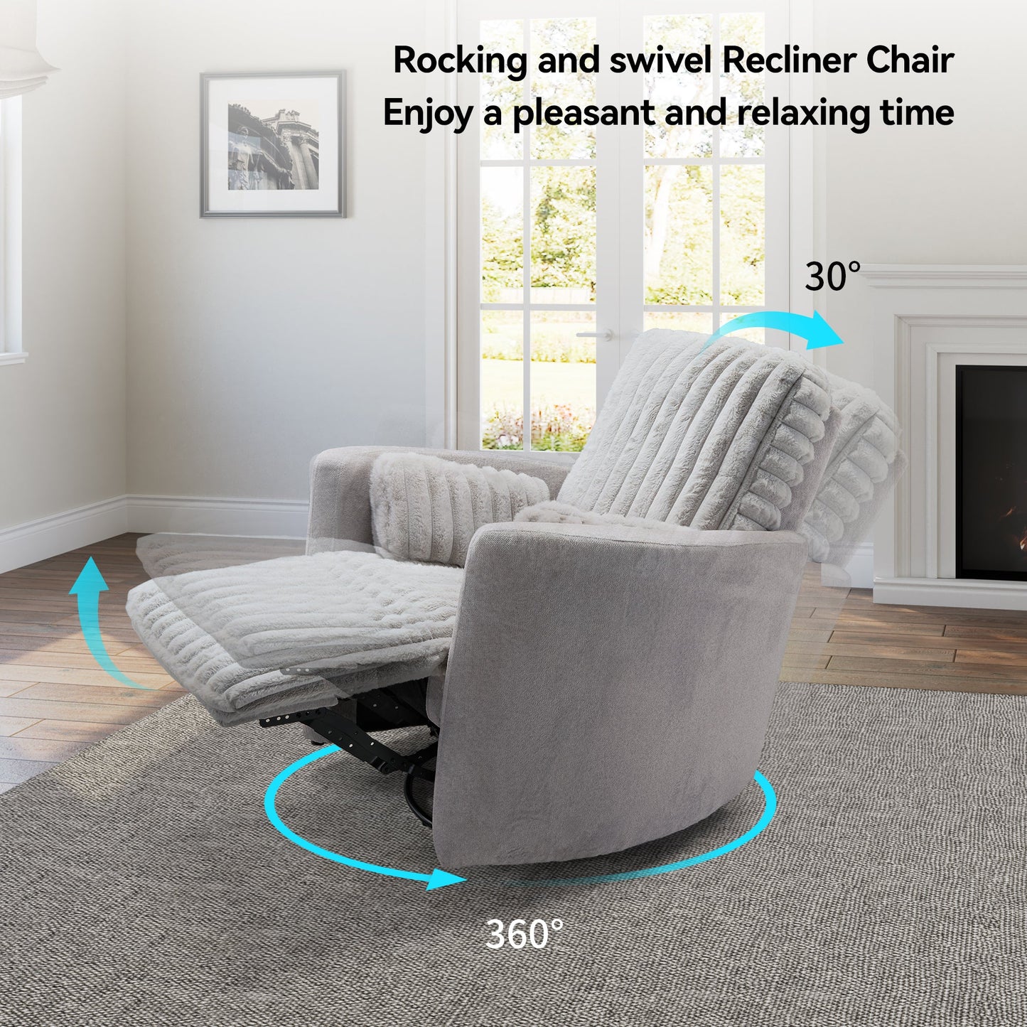 Lucia Swivel Rocking Recliner in Light Grey Fabric, 360-Degree Swivel & 30-Degree Recline, Enjoy Relaxing Time.