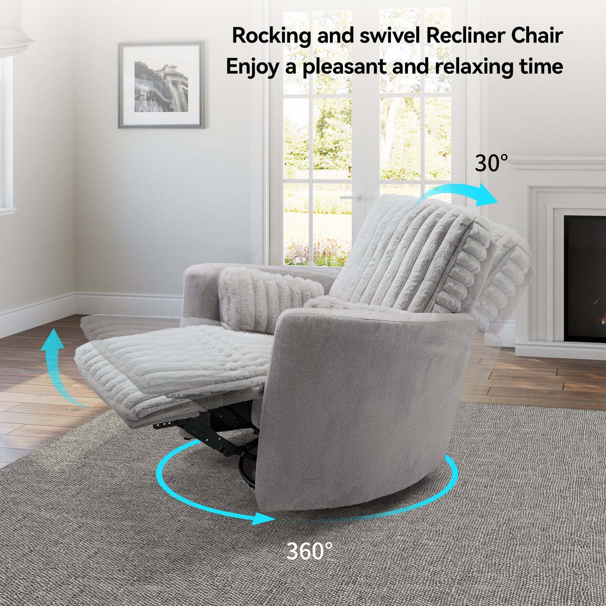 Lucia Swivel Rocking Recliner in Light Grey Fabric, 360-Degree Swivel & 30-Degree Recline, Enjoy Relaxing Time.